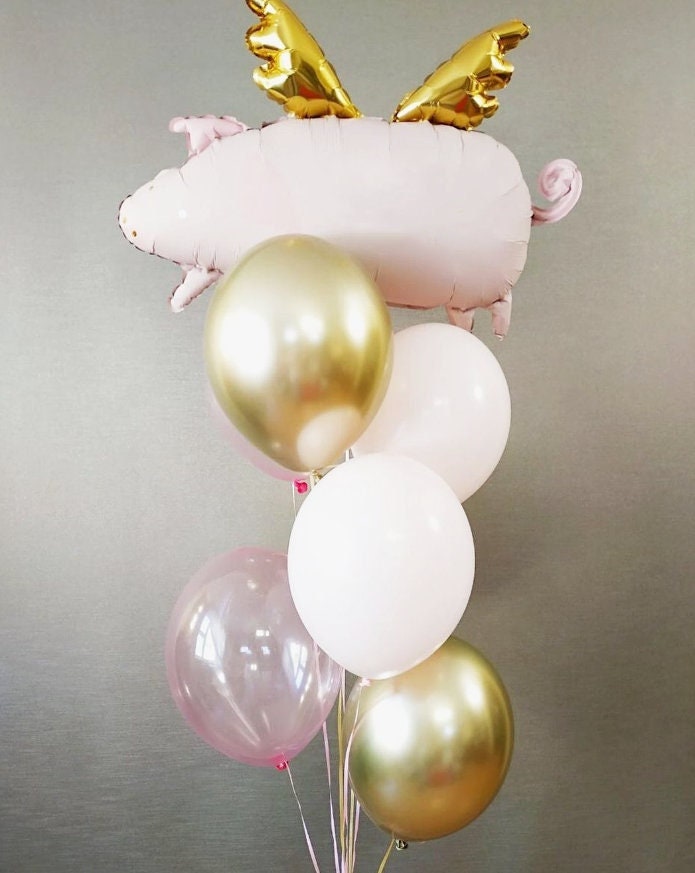 Flying Pig Balloon Ensemble - Pink and Gold Set for Parties and Showers