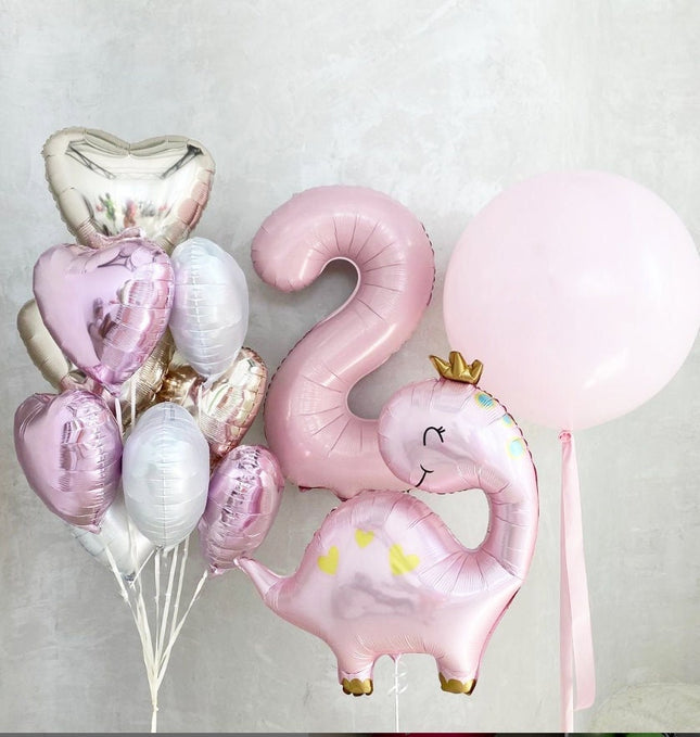 Adorable Pink Balloon Set - Number 2, Heart, and Dino Balloons for Birthday Parties and Celebrations