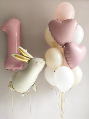 Elegant Bunny and Heart Balloons Set in Soft Pastels for Birthdays, and Spring Celebrations