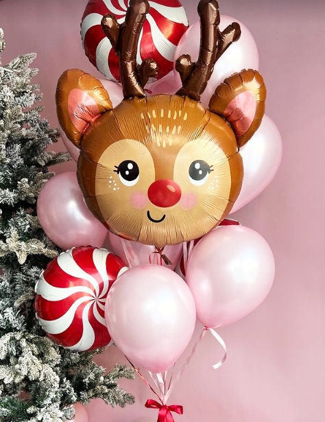 Adorable Reindeer Balloon Set with Candy Cane and Pink Accents for Christmas Parties, Holiday Decor, and Winter Celebrations