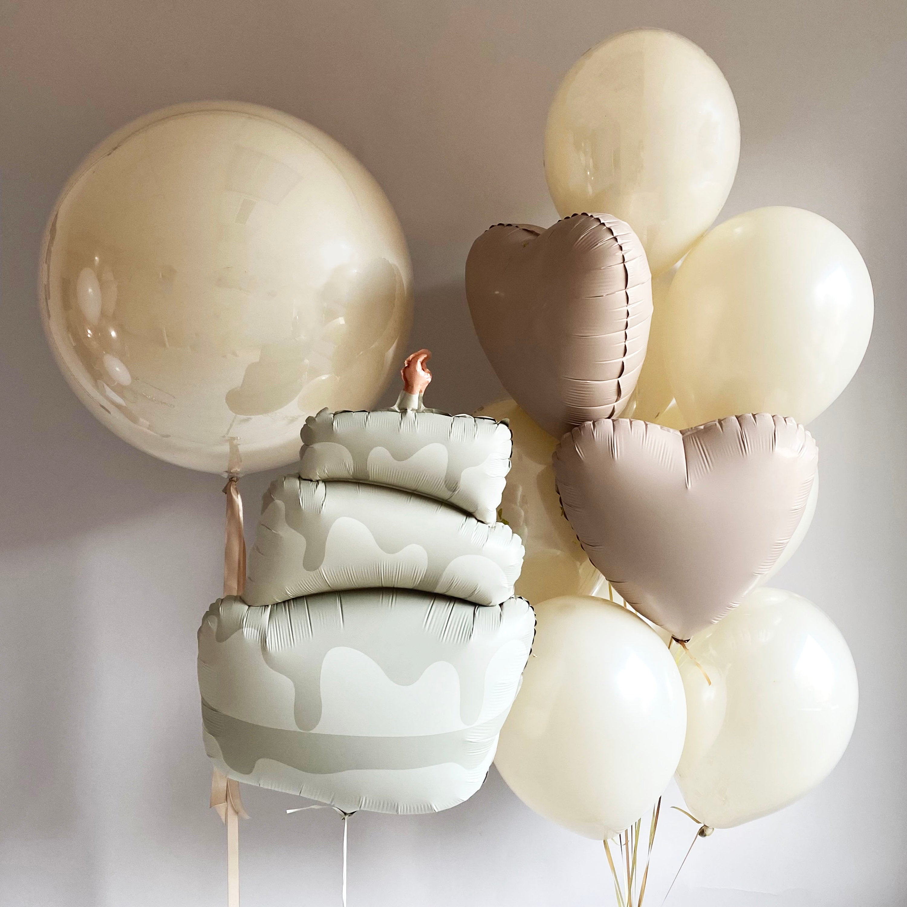 Sophisticated Neutral-Toned Balloon Set with Unique Cake Design - Perfect for Weddings and Elegant Parties