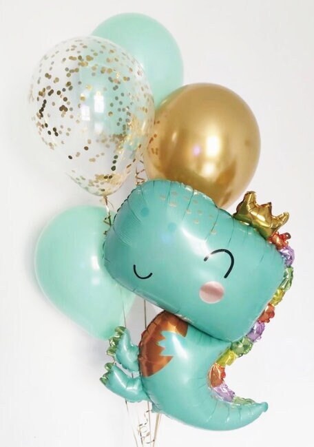 Charming Dinosaur Foil Balloon Set with Pastel and Gold Accents - Perfect for Themed Parties and Celebrations