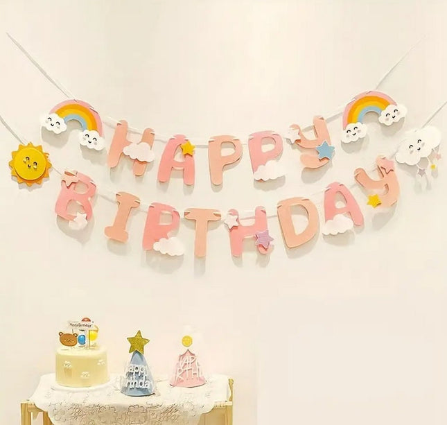 Whimsical Groovy 'Happy Birthday' Banner with Clouds, Sun, and Rainbow Accents - Perfect for Kids' Parties