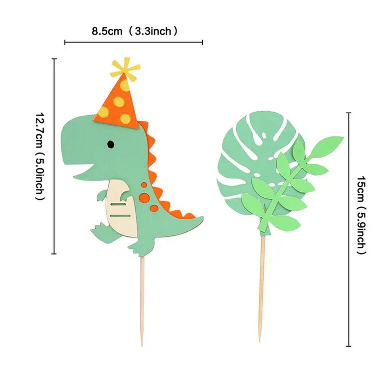 Dinosaur Jungle Theme Birthday Cake Topper Set - Green & Orange Dino with Party Hat, Tropical Leaves - Kids Party Decorations