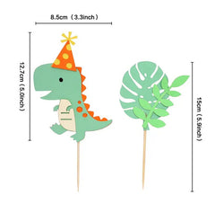 Dinosaur Jungle Theme Birthday Cake Topper Set - Green & Orange Dino with Party Hat, Tropical Leaves - Kids Party Decorations