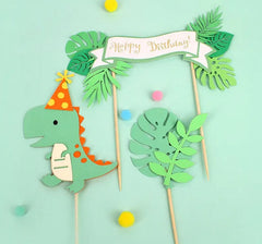 Dinosaur Jungle Theme Birthday Cake Topper Set - Green & Orange Dino with Party Hat, Tropical Leaves - Kids Party Decorations