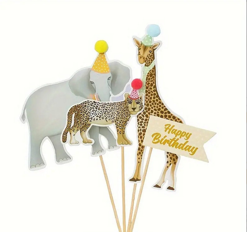 Safari Birthday Cake Topper Set - Elephant, Giraffe, Leopard with Party Hats - Festive Jungle Themed Kids Party Decor