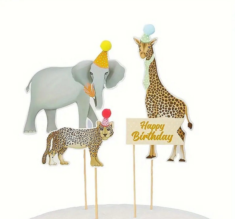 Safari Birthday Cake Topper Set - Elephant, Giraffe, Leopard with Party Hats - Festive Jungle Themed Kids Party Decor