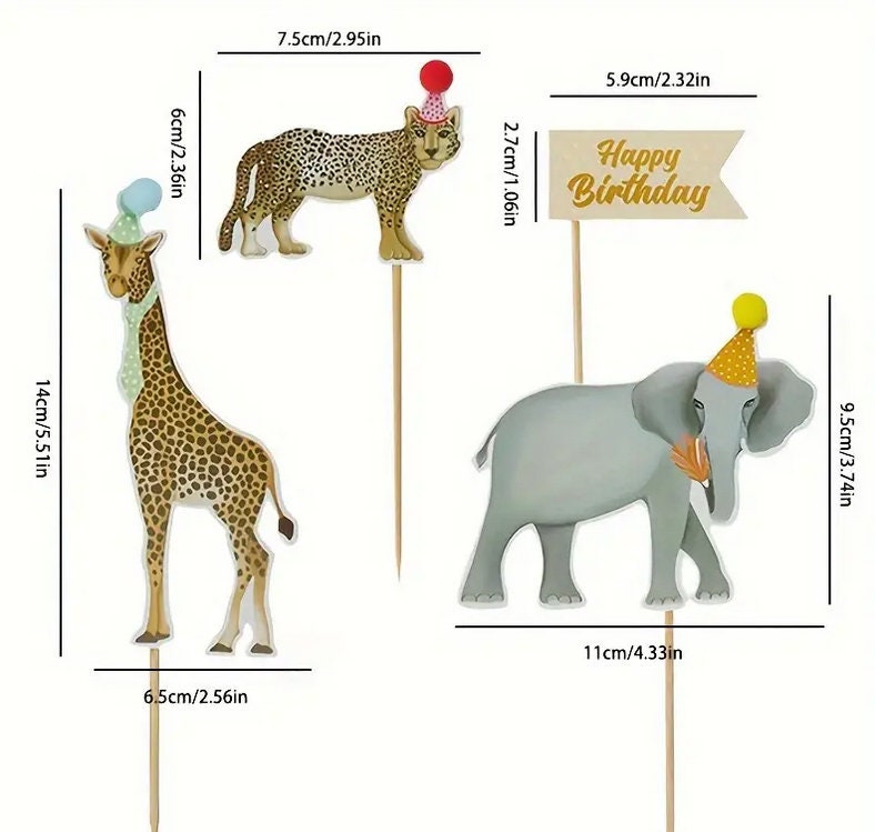 Safari Birthday Cake Topper Set - Elephant, Giraffe, Leopard with Party Hats - Festive Jungle Themed Kids Party Decor