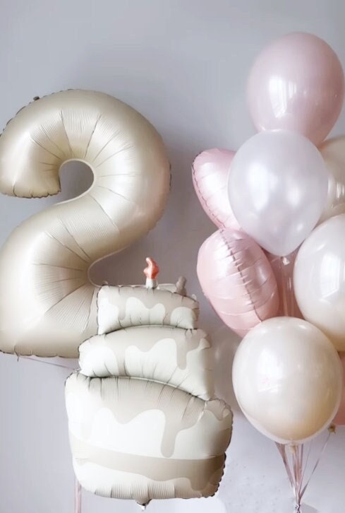 Sophisticated '2' and Cake Balloon Set in Cream and Gold - Perfect for Second Birthdays and Anniversary Parties