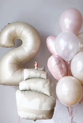 Sophisticated '2' and Cake Balloon Set in Cream and Gold - Perfect for Second Birthdays and Anniversary Parties