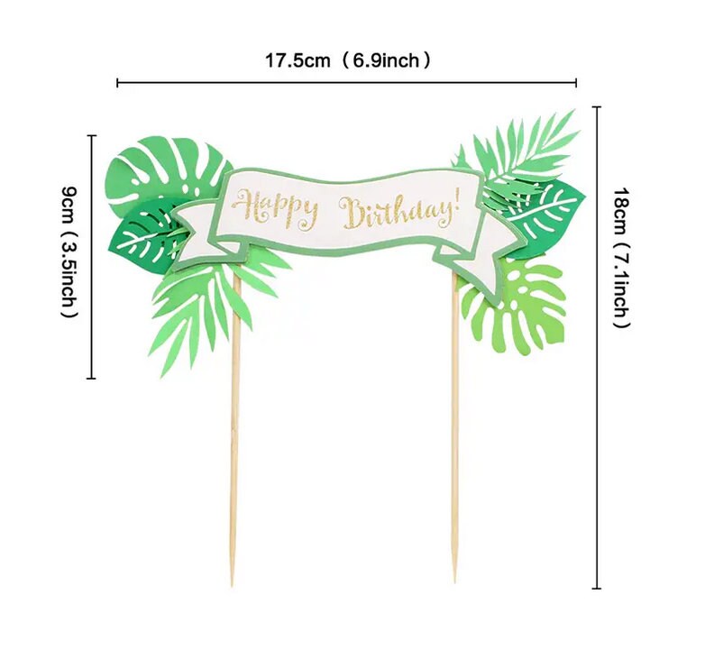 Dinosaur Jungle Theme Birthday Cake Topper Set - Green & Orange Dino with Party Hat, Tropical Leaves - Kids Party Decorations