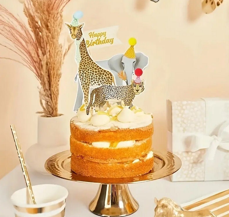 Safari Birthday Cake Topper Set - Elephant, Giraffe, Leopard with Party Hats - Festive Jungle Themed Kids Party Decor