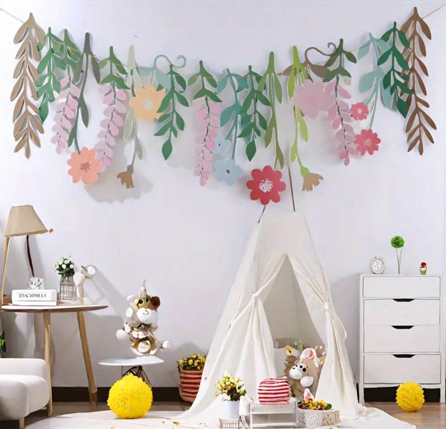 Floral & Leaf Paper Garland – Pastel Hanging Banner for Birthday, Baby Shower, and Party Decoration