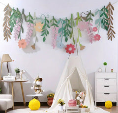 Floral & Leaf Paper Garland – Pastel Hanging Banner for Birthday, Baby Shower, and Party Decoration