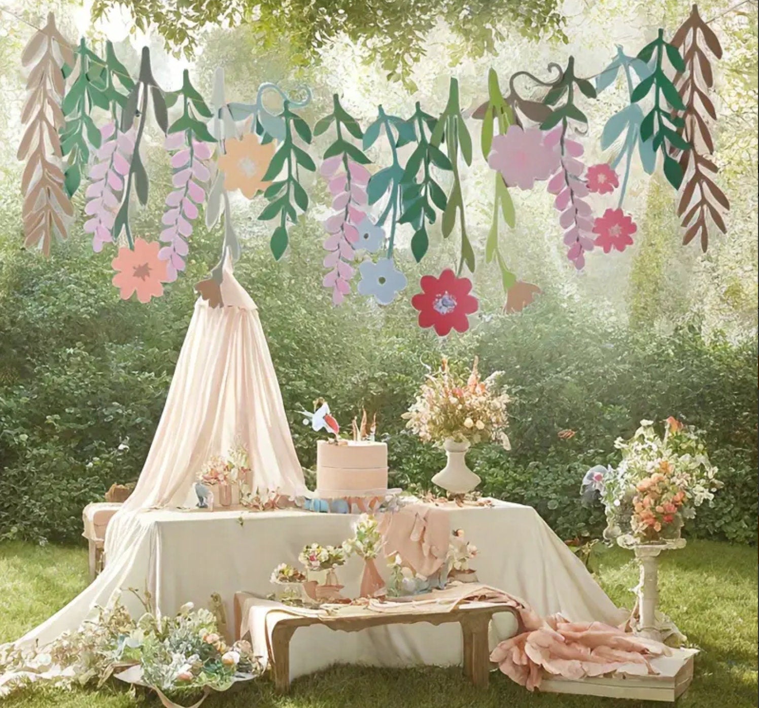 Floral & Leaf Paper Garland – Pastel Hanging Banner for Birthday, Baby Shower, and Party Decoration