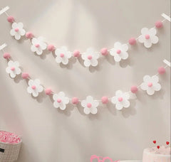 White Flower and Pink Pom Pom Garland – Party Banner for Baby Shower, Birthday, and Nursery Decor