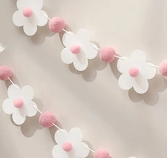 White Flower and Pink Pom Pom Garland – Party Banner for Baby Shower, Birthday, and Nursery Decor