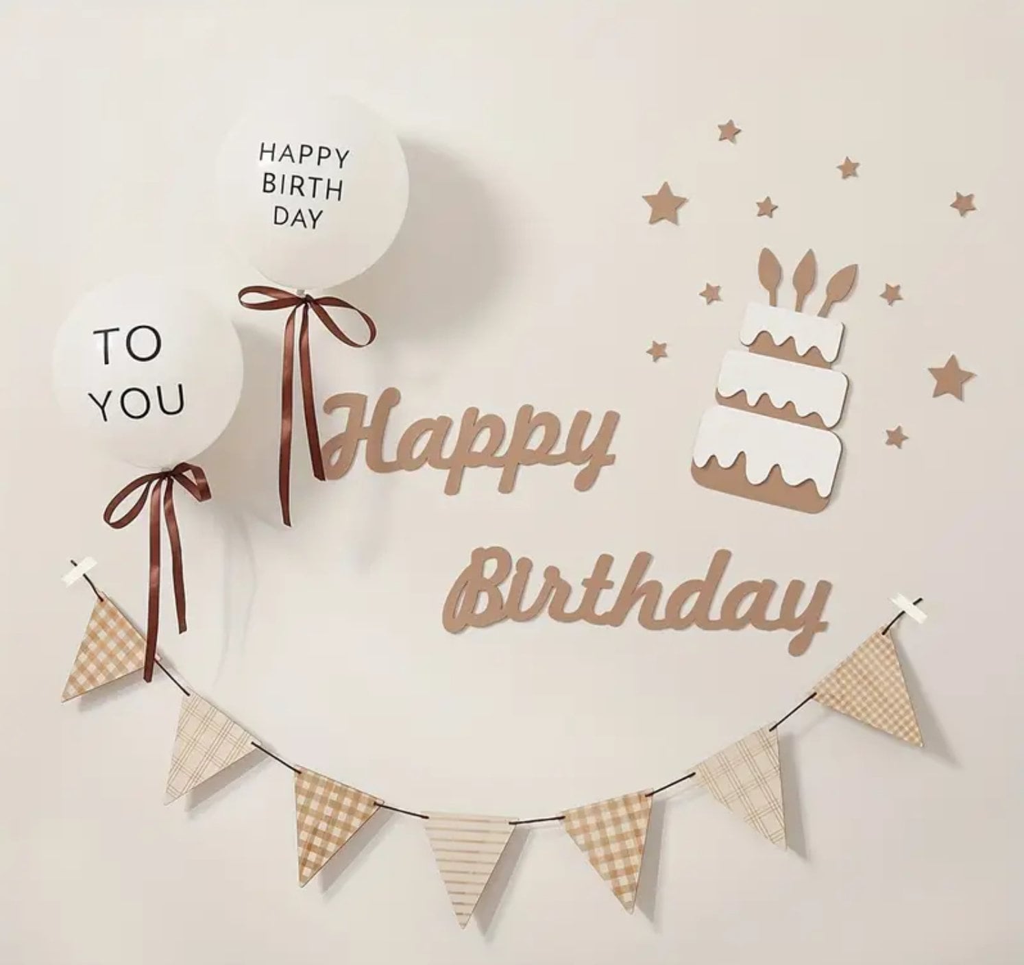 Neutral Happy Birthday Decoration Set – 7pcs Rustic Banner and Balloon Set for Birthday Partie