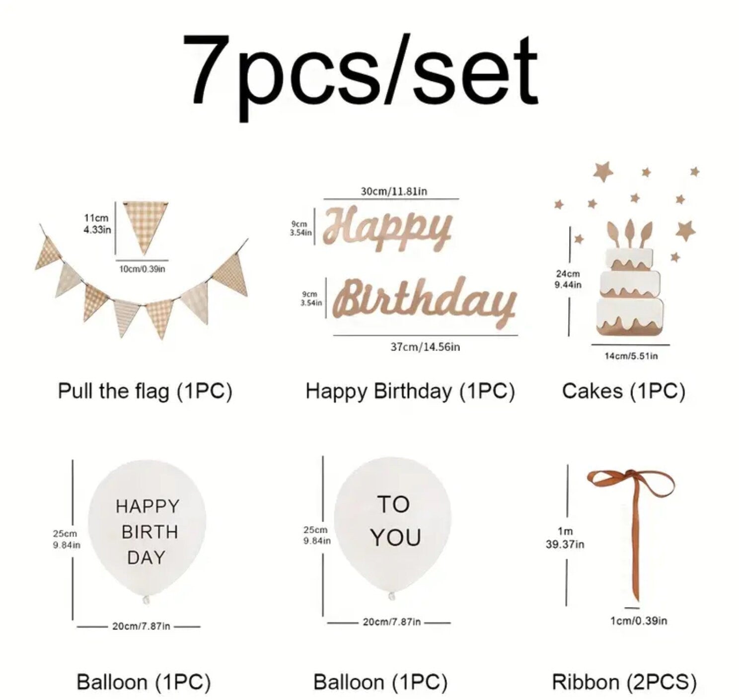 Neutral Happy Birthday Decoration Set – 7pcs Rustic Banner and Balloon Set for Birthday Partie