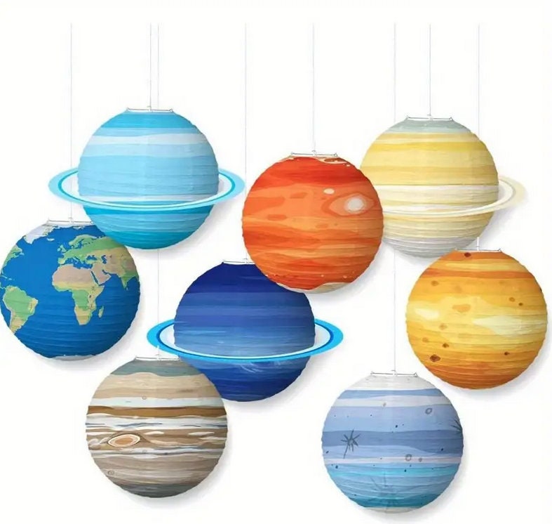 8 pcs Outer Space Party Hanging Decorations Lanterns - Planetary Lanterns for Space-Themed Events