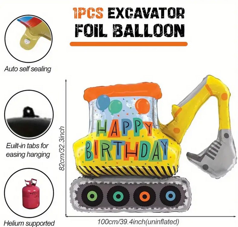 Giant Construction Excavator Foil Balloon - Perfect for Kids' Construction-Themed Birthday Parties