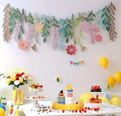 Floral & Leaf Paper Garland – Pastel Hanging Banner for Birthday, Baby Shower, and Party Decoration