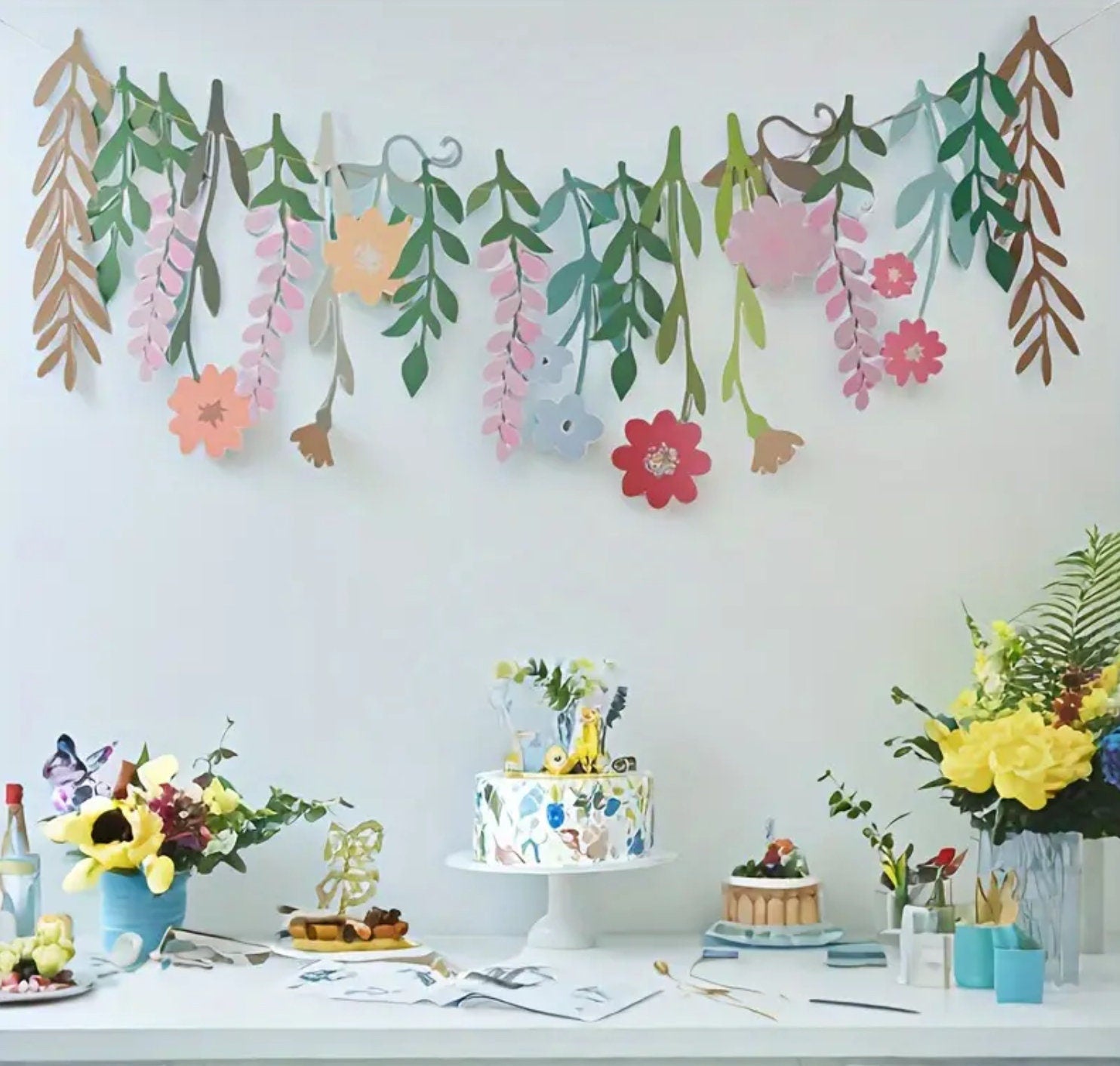 Floral & Leaf Paper Garland – Pastel Hanging Banner for Birthday, Baby Shower, and Party Decoration