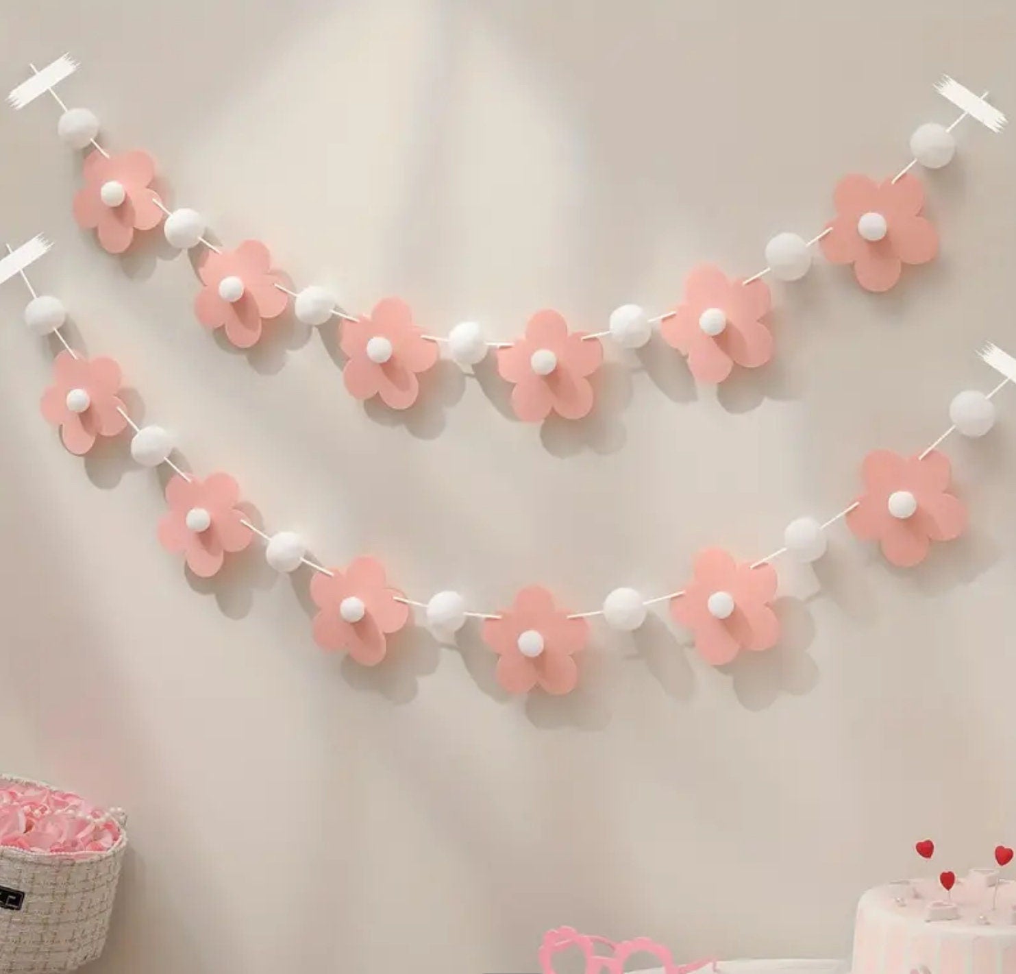 Pink Flower and Pom Pom Garland – Baby Shower, Birthday, and Nursery Decor Banner