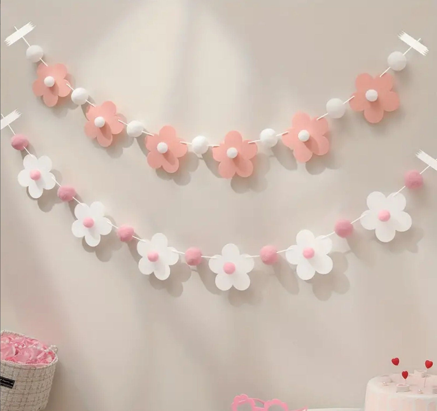 White Flower and Pink Pom Pom Garland – Party Banner for Baby Shower, Birthday, and Nursery Decor