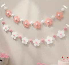 White Flower and Pink Pom Pom Garland – Party Banner for Baby Shower, Birthday, and Nursery Decor