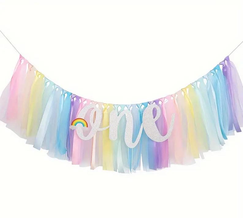 Rainbow Tulle High Chair Skirt with Glitter "One" Sign, First Birthday Party Decorations