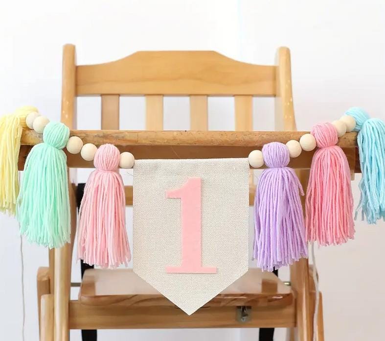 Rainbow Tulle High Chair Skirt with Glitter "One" Sign, First Birthday Party Decorations