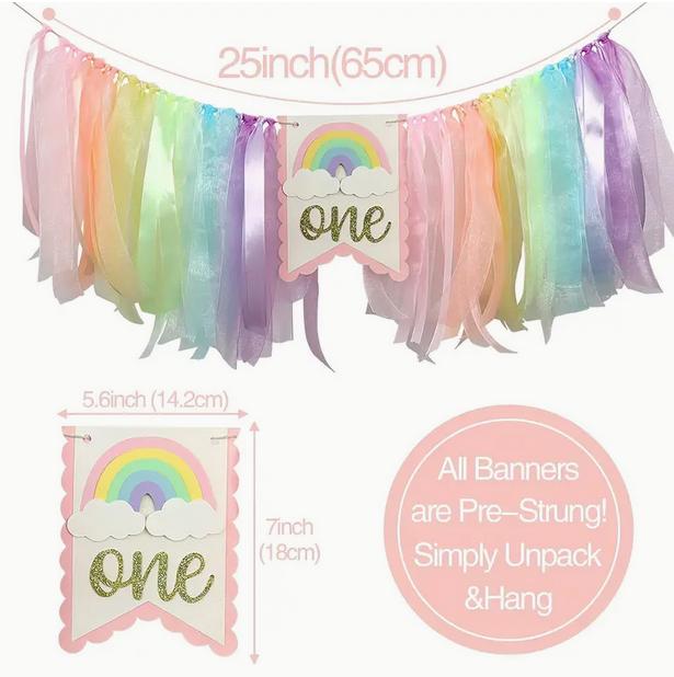 Ultimate First Birthday Party Decor Set with Happy Birthday Banner, Number One Hat, Cake Toppers, and Rainbow Tulle Garland