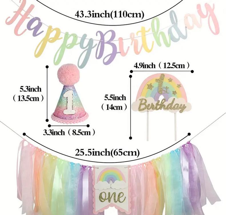 Ultimate First Birthday Party Decor Set with Happy Birthday Banner, Number One Hat, Cake Toppers, and Rainbow Tulle Garland