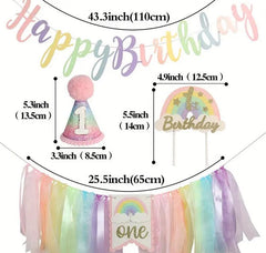 Ultimate First Birthday Party Decor Set with Happy Birthday Banner, Number One Hat, Cake Toppers, and Rainbow Tulle Garland