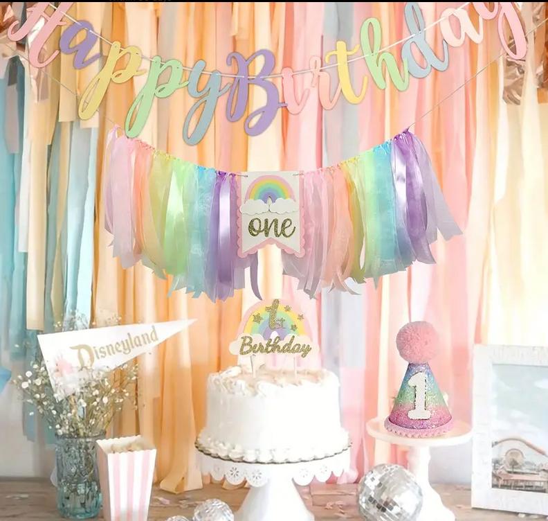 Ultimate First Birthday Party Decor Set with Happy Birthday Banner, Number One Hat, Cake Toppers, and Rainbow Tulle Garland