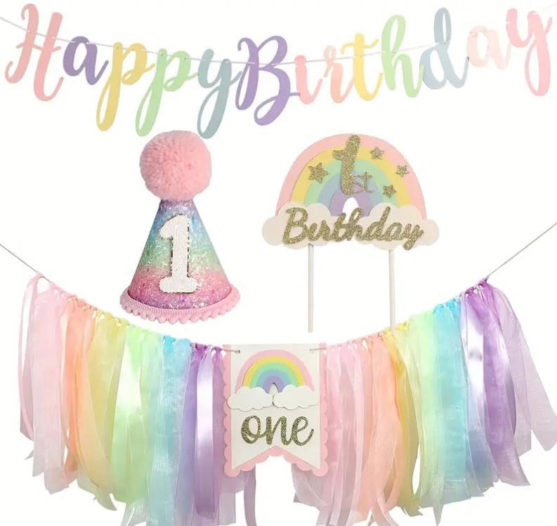 Ultimate First Birthday Party Decor Set with Happy Birthday Banner, Number One Hat, Cake Toppers, and Rainbow Tulle Garland