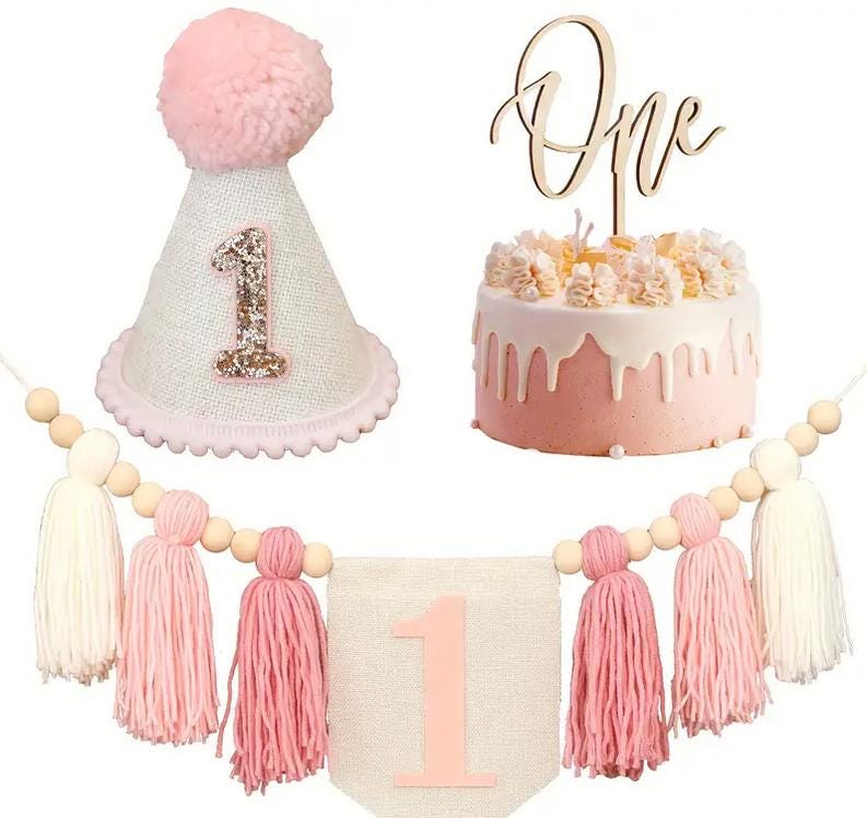 Elegant First Birthday Party Set: Pink Tassel Garland, Glitter "One" Cake Topper, and Sparkle Birthday Hat