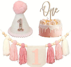 Elegant First Birthday Party Set: Pink Tassel Garland, Glitter "One" Cake Topper, and Sparkle Birthday Hat