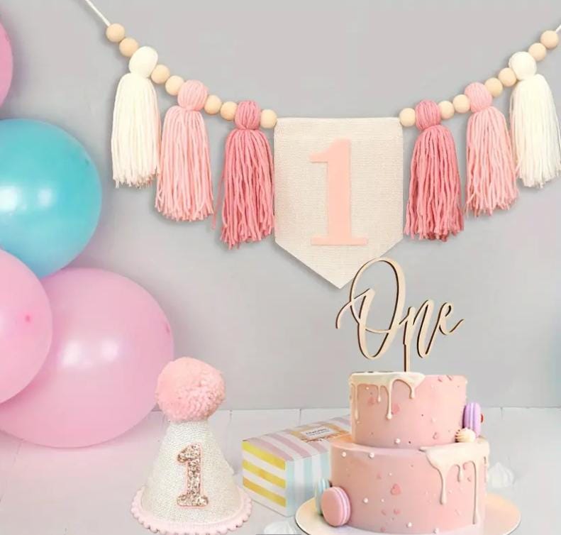 Elegant First Birthday Party Set: Pink Tassel Garland, Glitter "One" Cake Topper, and Sparkle Birthday Hat