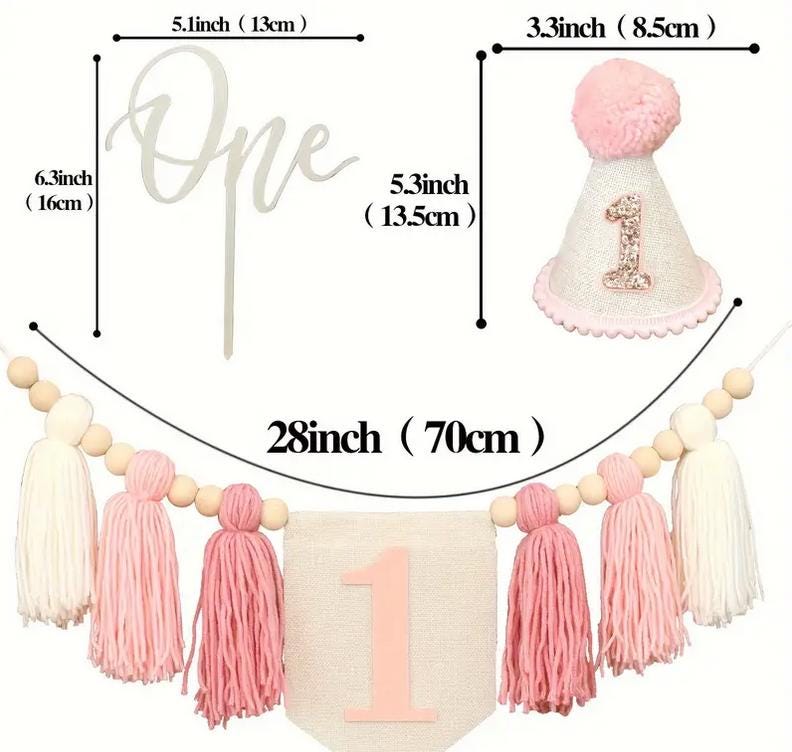 Elegant First Birthday Party Set: Pink Tassel Garland, Glitter "One" Cake Topper, and Sparkle Birthday Hat