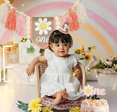 Floral First Birthday Party Set: Daisy Tassel Garland, Cake Topper, and Decorative Hat