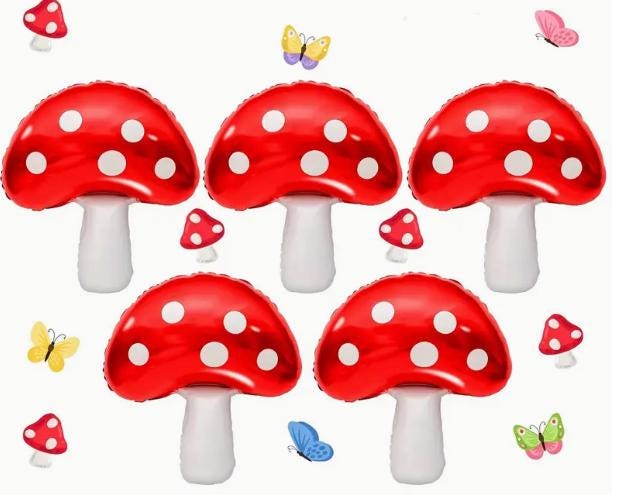 Large Red Mushroom Mylar Balloons - Set of 5 Fairy Tale Mushrooms, Perfect for Garden Decorations and Themed Parties