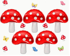 Large Red Mushroom Mylar Balloons - Set of 5 Fairy Tale Mushrooms, Perfect for Garden Decorations and Themed Parties