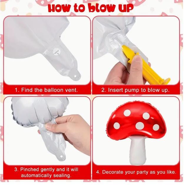 Large Red Mushroom Mylar Balloons - Set of 5 Fairy Tale Mushrooms, Perfect for Garden Decorations and Themed Parties