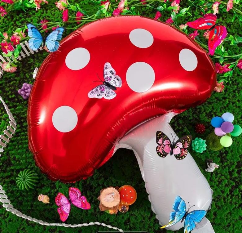 Large Red Mushroom Mylar Balloons - Set of 5 Fairy Tale Mushrooms, Perfect for Garden Decorations and Themed Parties