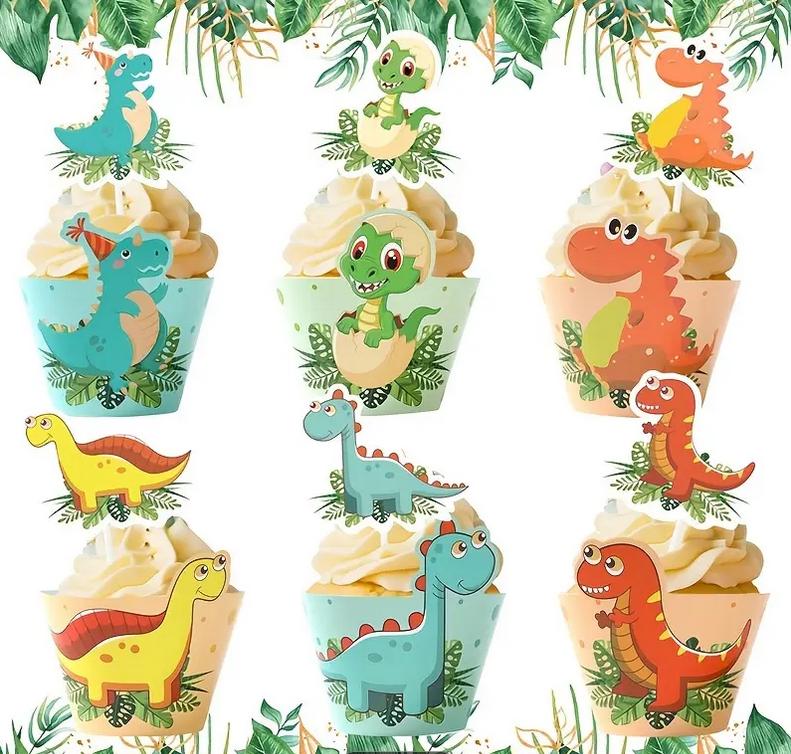 Dinosaur Birthday Party Cupcake Toppers and Cupcake Wraps - Cute Dino Decorations for First Birthday