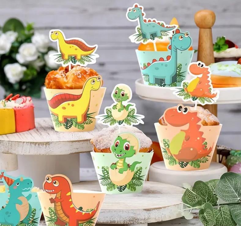 6 Pcs Dinosaur Birthday Party Cupcake Toppers and Cupcake Wraps - Cute Dino Decorations for First Birthday