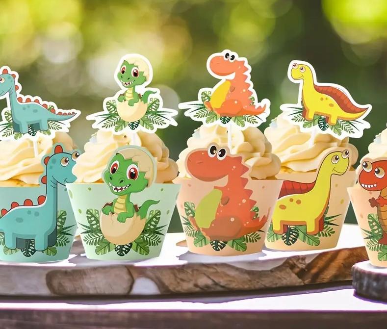 6 Pcs Dinosaur Birthday Party Cupcake Toppers and Cupcake Wraps - Cute Dino Decorations for First Birthday